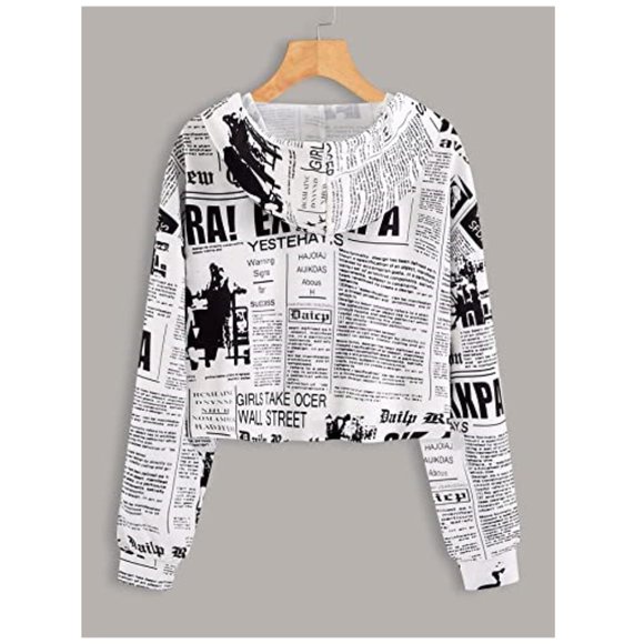 Womens Newspaper Print Long Sleeve Crop Sweatshirt - Picture 2 of 5